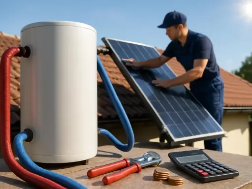 Installation d'un chauffe-eau solaire. Un technicien ajuste un panneau solaire, symbolisant le rendement et les économies. Outils et calculatrice à proximité.