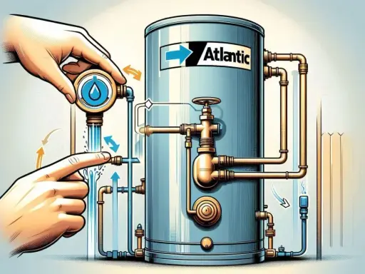 Main d'homme manipulant une vanne pour fermer l'arrivée d'eau froide d'un chauffe-eau Atlantic.