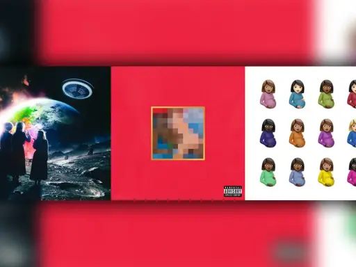 Okładki albumów z kosmiczną sceną, czerwoną z pikselami i ciążowymi emoji. Idealne do słuchania rap bez przekleństw.