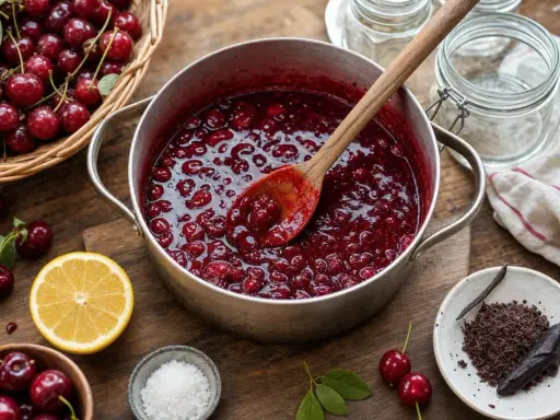 Une marmite déborde de confiture de cerises maison, prête à être mise en pot. Des cerises fraîches, du citron et du chocolat râpé complètent la scène.