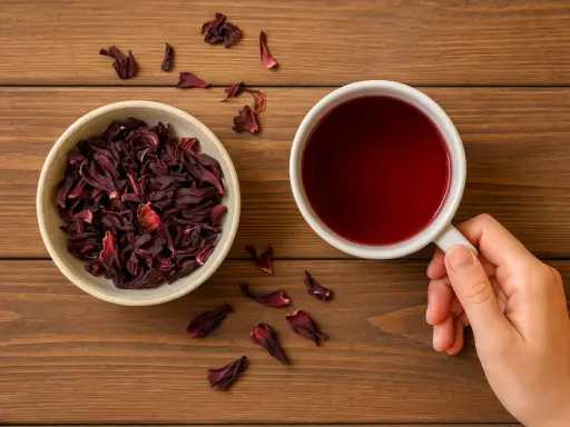 Miseczka suszonego hibiskusa i kubek czerwonego naparu. To jakby hibiskus w ciąży, gotowy do rozkwitu w aromatycznym napoju.