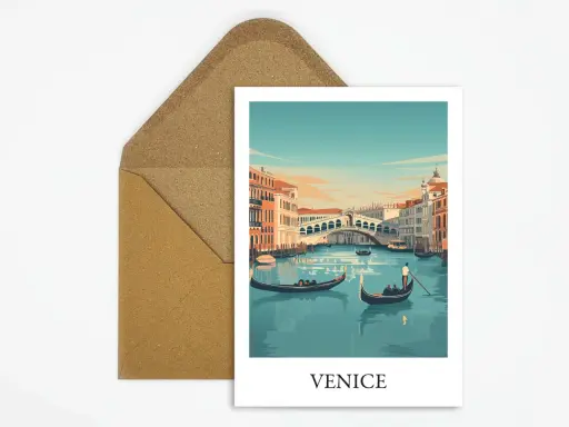 Carte postale de Venise, avec le pont du Rialto et des gondoles. Un poème sur Venise pourrait être écrit sur cette carte.