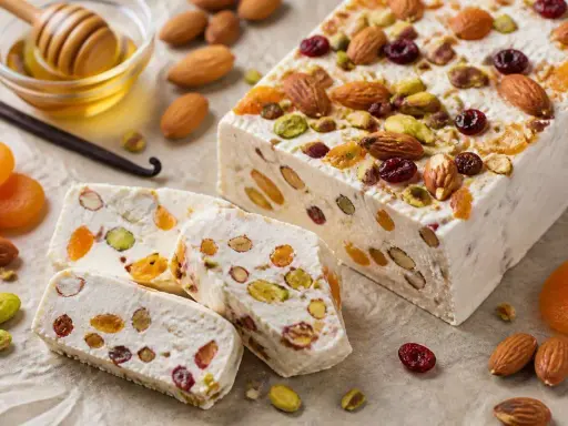 Un délicieux nougat glacé, garni d'amandes, de pistaches, de fruits secs et de miel.