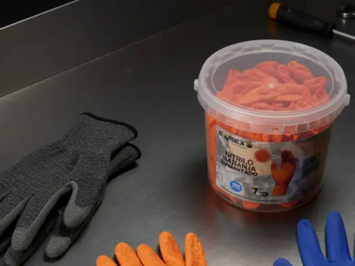 Guantes anticorte niveles de protección en gris y naranja, listos para tareas exigentes.
