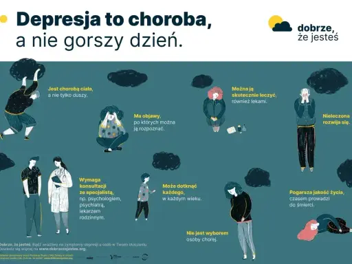 Ilustracja pokazuje, że depresja to choroba, a nie lenistwo. Przedstawia osoby zmagające się z różnymi objawami, podkreślając potrzebę leczenia i wsparcia.