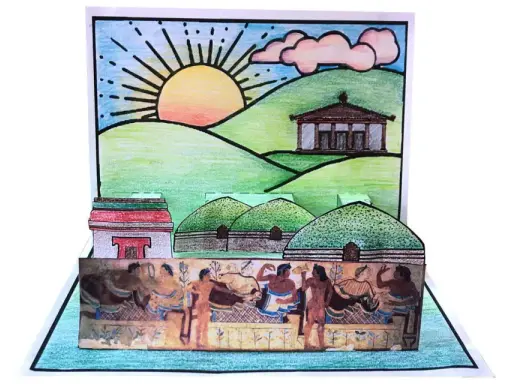 Un diorama pop-up che illustra scene di vita etrusca, con tombe a tumulo, templi e figure umane, perfetto per lavoretti sugli etruschi.