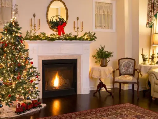 Ideas para decorar una chimenea navideña: árbol iluminado, guirnaldas verdes, un tren de juguete y un fuego acogedor.