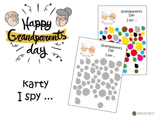Happy Grandparents Day" hasła i karty "I spy" z podobiznami babci i dziadka. Idealne na dzień babci po angielsku.