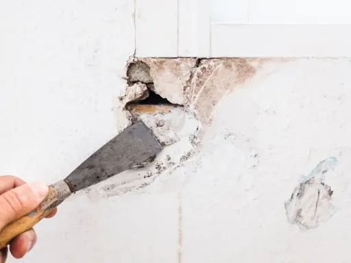 Mano con espátula preparando una pared para tapar agujeros.