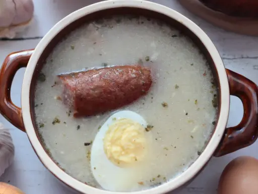 Aromaticzny zakwas na żurek w glinianym naczyniu, z kiełbasą i jajkiem. Obok czosnek, cebula i jajka.