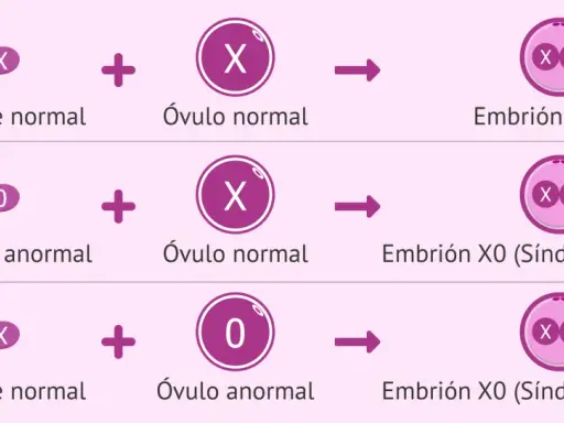Ilustración de la monosomía X. Muestra cómo un espermatozoide anormal (0) o un óvulo anormal (0) pueden resultar en un embrión X0, conocido como Síndrome de Turner.