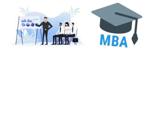 Prezentacja biznesowa z wykresami i ludźmi, obok czapka absolwenta z napisem MBA. Sprawdź wymagania MBA.