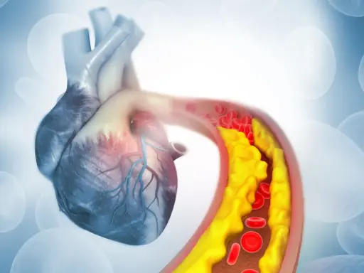Serce z widocznym zatorami w naczyniach krwionośnych spowodowanymi przez zły cholesterol.