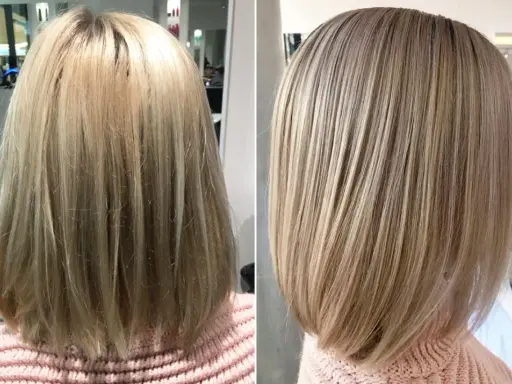Vorher-Nachher-Vergleich einer Frisur: Wenig Haare Frau wirkt voller und glänzender nach dem Schnitt.
