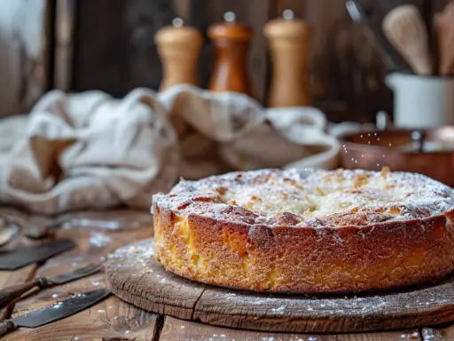 Un délicieux gâteau sablé breton, saupoudré de sucre glace, repose sur une planche en bois. Des couverts anciens et des moulins à poivre sont disposés autour.