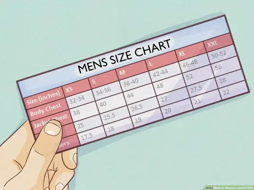 A hand holds a men's size chart, showing measurements for body chest and jacket chest, with a column for overarm measurement.