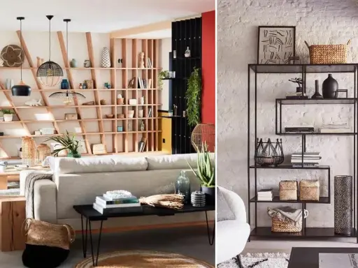 Un salon bibliothèque cosy avec des étagères en bois remplies de livres et d'objets décoratifs. Un canapé confortable invite à la détente.