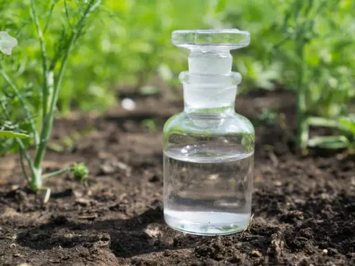 Bouteille en verre remplie de vinaigre blanc désherbant, posée sur la terre, entourée de verdure.