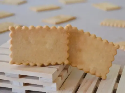 Deux biscuits rectangulaires aux bords festonnés, parfaits pour une recette biscuit personnalisé. Ils reposent sur des petites palettes en bois.