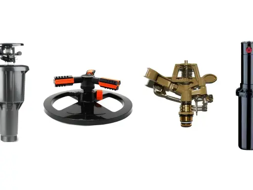 Cuatro tipos de difusores de riego: emergente, aspersor giratorio, aspersor de impacto y difusor de turbina.