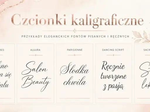 Przykłady eleganckich fontów pisanych: "Piękno zaczyna się od detalu", "Salon Beauty", "Słodka chwila", "Ręcznie tworzone z pasją", "Styl i lekkość". Każdy to piękna czcionka ozdobna.