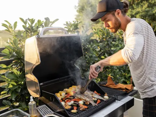 Mężczyzna grilluje ryby i warzywa na grillu gazowym, pokazując, jak działa grill gazowy.