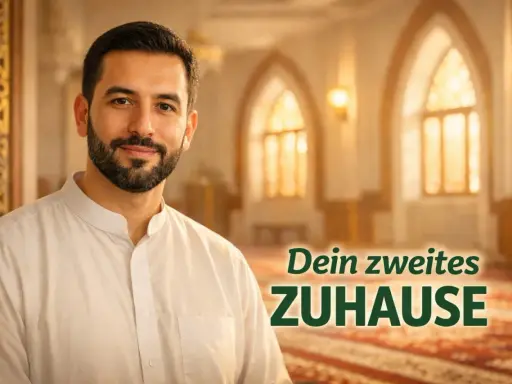 Ein Mann in traditioneller Kleidung lächelt vor einer Moschee. Der Text "Dein zweites Zuhause" und "Al Kabir" sind im Bild zu sehen.