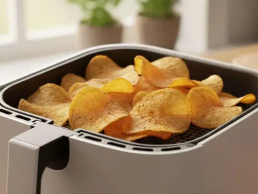 Knusprige Kartoffelchips, frisch aus dem Airfryer, warten darauf, genossen zu werden.