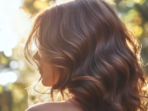 Cabello castaño brillante con reflejos dorados, como si se hubiera aplicado miel.