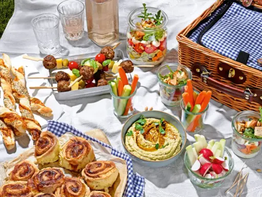 Leckere Picknick-Snacks: Fleischbällchen-Spieße, Gebäckstangen, Hummus, Gemüsesticks und süße Schnecken auf einer Decke.