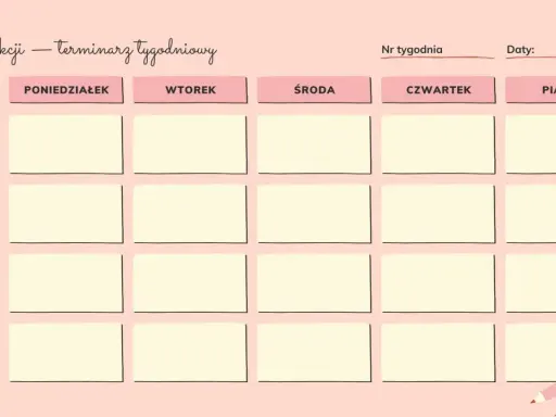 Plan lekcji to terminarz tygodniowy, który pomaga zorganizować naukę przedmiotów takich jak chemia, historia, fizyka i język angielski.