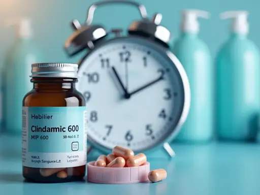 Antybiotyk Clindamycin 600 w kapsułkach, obok budzika. Ważne jest regularne przyjmowanie leku.