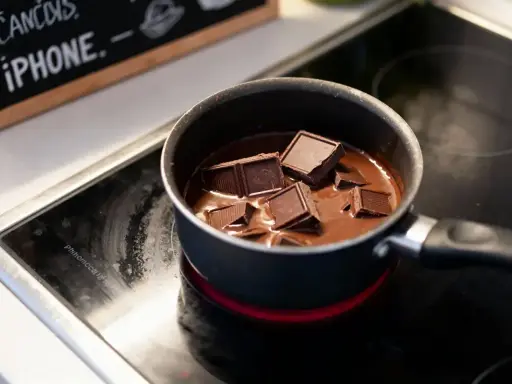 Des morceaux de chocolat noir fondent doucement dans une casserole sur une plaque chauffante, prêts à être transformés en une délicieuse ganache.