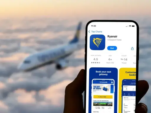 Aplikacja Ryanair na telefonie, pokazująca jak udostępnić kartę pokładową. W tle samolot lecący nad chmurami.
