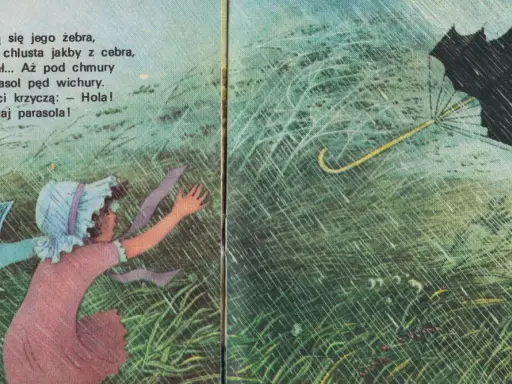 Dzieci próbują złapać parasol, który wiatr porwał w chmury. Wiersz Marii Konopnickiej o sile natury.