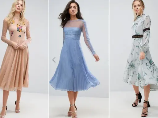 Tre abiti eleganti per un matrimonio a dicembre: uno color pesca con ricami floreali, uno azzurro con plissettatura e pizzo, e uno a fantasia floreale con maniche lunghe.
