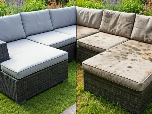 Vorher/Nachher-Vergleich: Ein Gartensofa mit makellosen, hellgrauen Polstern steht neben demselben Sofa mit stark verschmutzten, fleckigen Polstern. Die Reinigung von Gartenpolstern ist entscheidend.