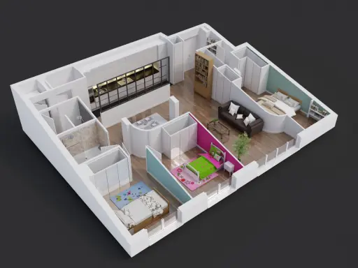 Plan appartement 80m2 2 chambres : cuisine moderne, salon, salle de bain, et deux chambres confortables.