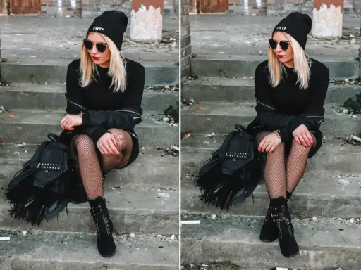 Dziewczyna w czapce #WTF i okularach siedzi na schodach. Jej stylizację dopełnia czarna sukienka, buty i modna kabaretka.