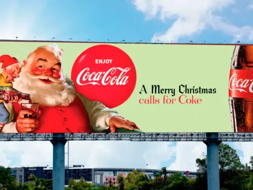 Papá Noel y un duende sirviendo Coca-Cola en un cartel publicitario. Partes de un cartel publicitario con el lema "A Merry Christmas calls for Coke".