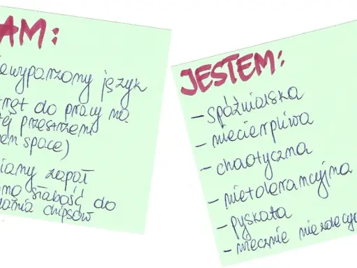 Słabe strony przykłady: mam niewyparzony język, wstydzę się pracy w open space, jestem spóźnialska, chaotyczna, niezdecydowana.
