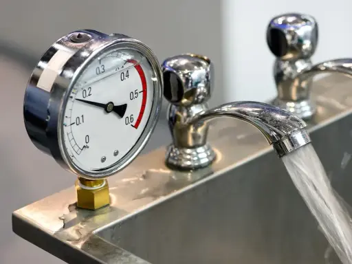 Manometro che misura la pressione acqua rubinetto. Il getto d'acqua scorre nel lavandino.