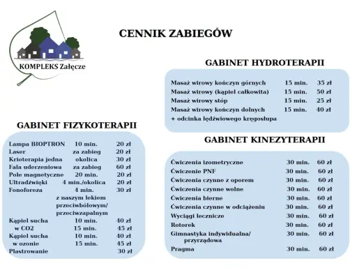 Cennik zabiegów w Kompleksie Załęcze. Ceny zaczynają się od 20 zł. Dowiedz się, ile kosztuje dom seniora i jakie usługi są dostępne.