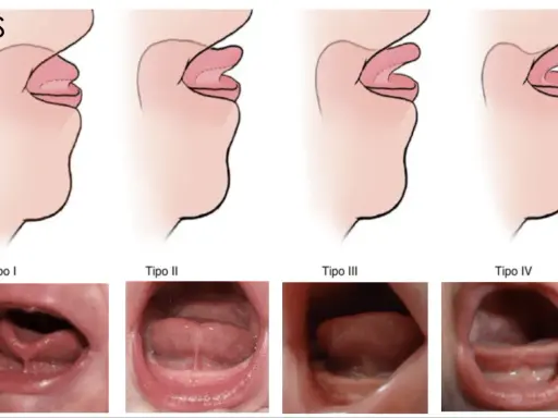 Ilustraciones y fotos muestran los tipos de anquiloglosia que es la limitación del movimiento de la lengua.