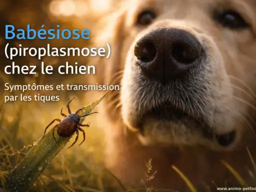 Gros plan sur le museau d'un chien, avec une tique sur une feuille. Le texte indique "Babésiose (piroplasmose) chez le chien : symptômes et transmission par les tiques".