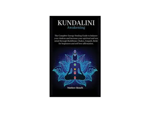 Boken "Kundalini Awakening" visar en person i meditationsställning med färgade chakran. En guide till energibalans och zen.