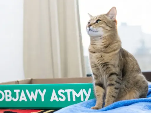 Kot siedzi obok kuwety z napisem "Objawy astmy".
