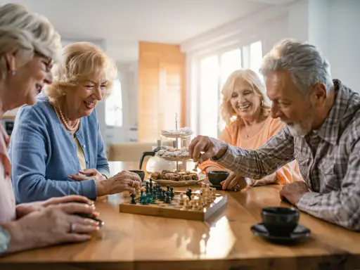 Uśmiechnięci seniorzy grają w szachy przy kawie i ciastkach. To piękny przykład, co to senior – radość życia i wspólne chwile.