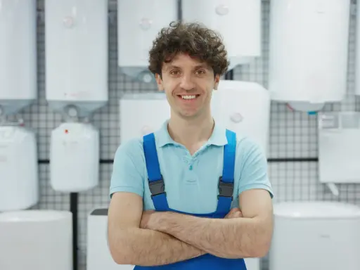 Un homme souriant en salopette bleue, entouré de chauffe-eau blancs, prêt à vous aider à choisir son chauffe eau.