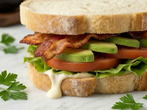 Ein BLT-Sandwich mit knusprigem Speck, saftigen Tomaten, cremigem Avocado und knackigem Salat auf getoastetem Brot.